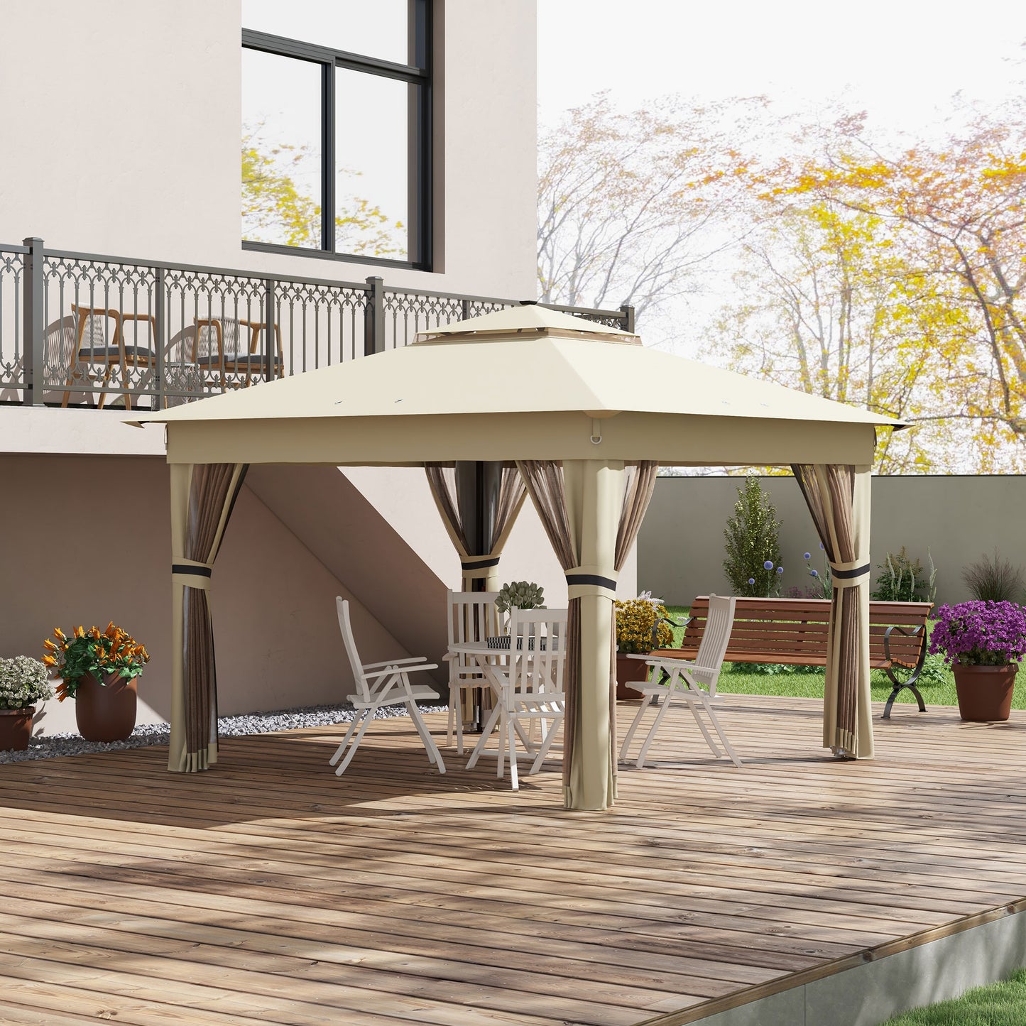 3.36 x 3.36m Pop Up Gazebo Party Tent with Solar-Powered LED Lights, Adjustable Event Shelter with Netting, Khaki