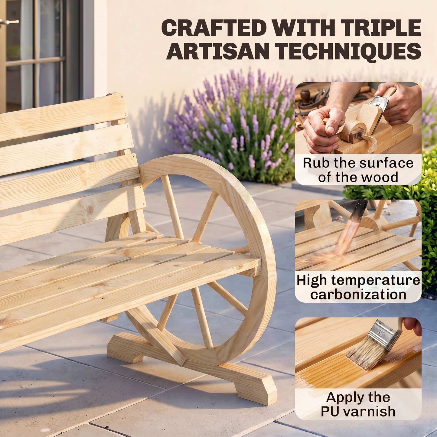Wagon Wheel Chair Bench Armrest Rustic Loveseat Wood Outdoor Garden, Natural