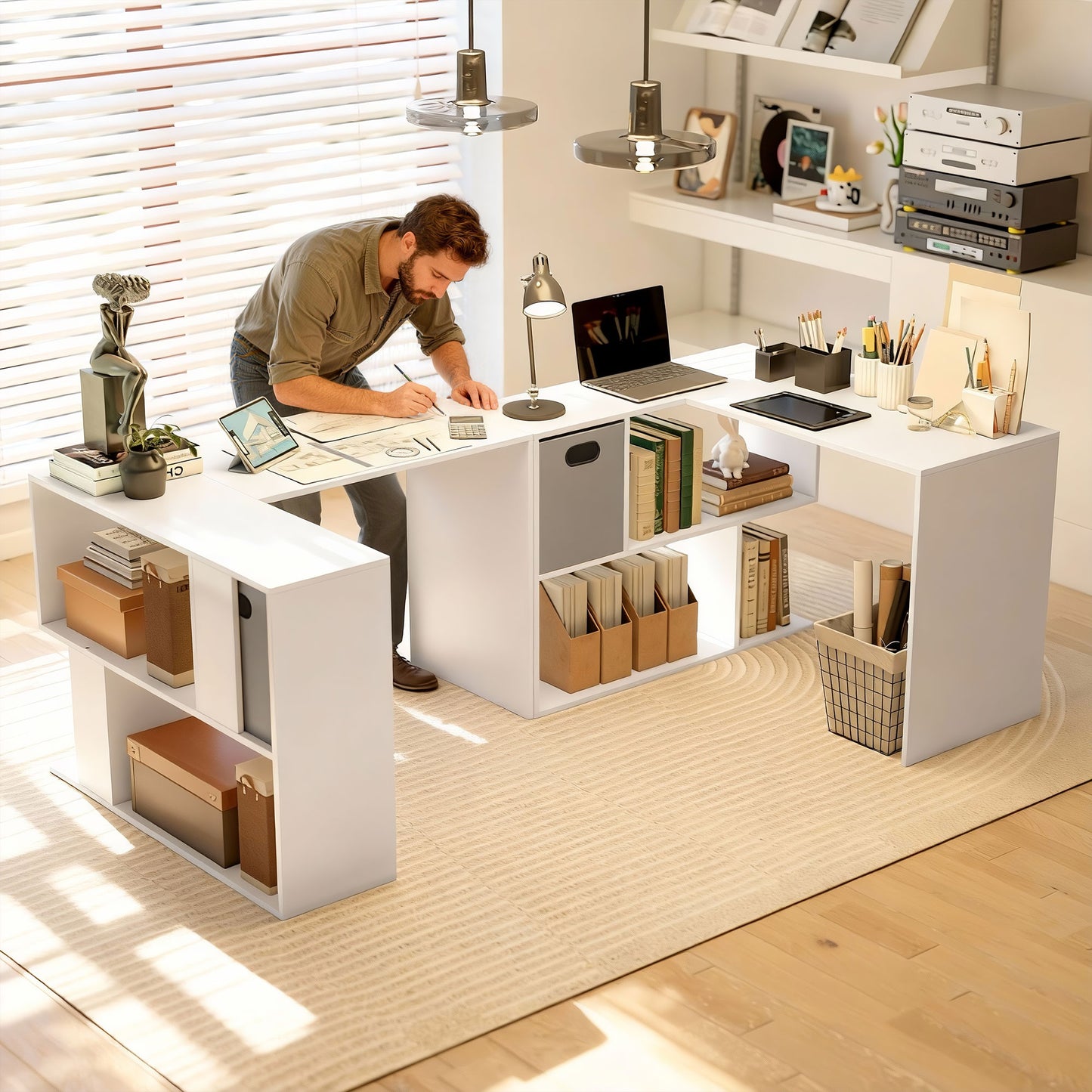 L Shaped Computer Desk, 110 x 100cm Reversible Corner Desk with Fabric Drawer and Storage Shelves, White