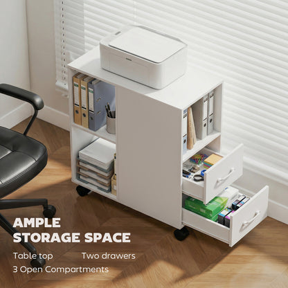 Narrow Mobile Printer Table with Wheels, Rolling Printer Stand with Drawers for Home Office, 30 x 60 x 65 cm, White