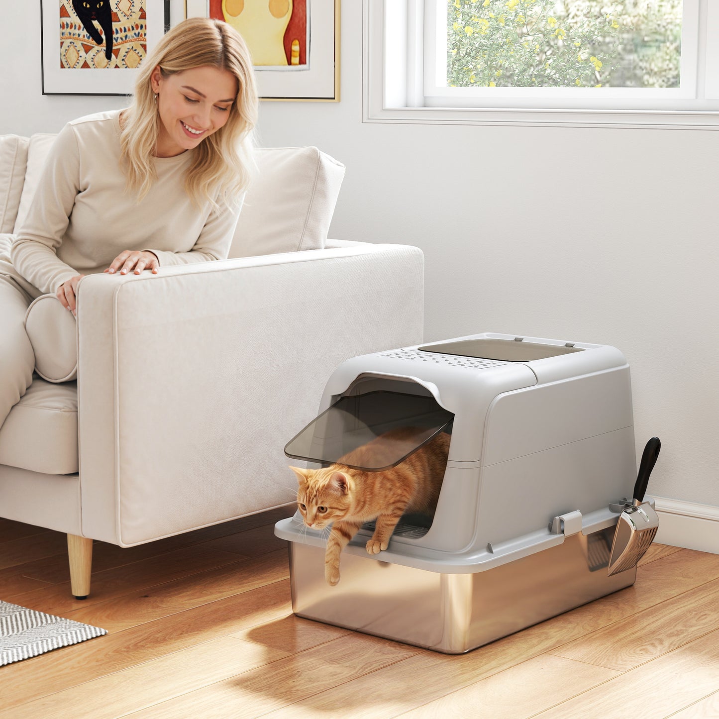 Extra Large Stainless Steel Litter Box, Enclosed Cat Litter Tray with Scoop, Deodorizer Bag, Front-Entry and Top-Exit