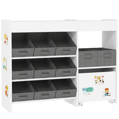 Kids Toy Storage Unit with 11 Bins, Cabinet, Top Shelves, 3 Stickers, for Nursery, Playroom, White