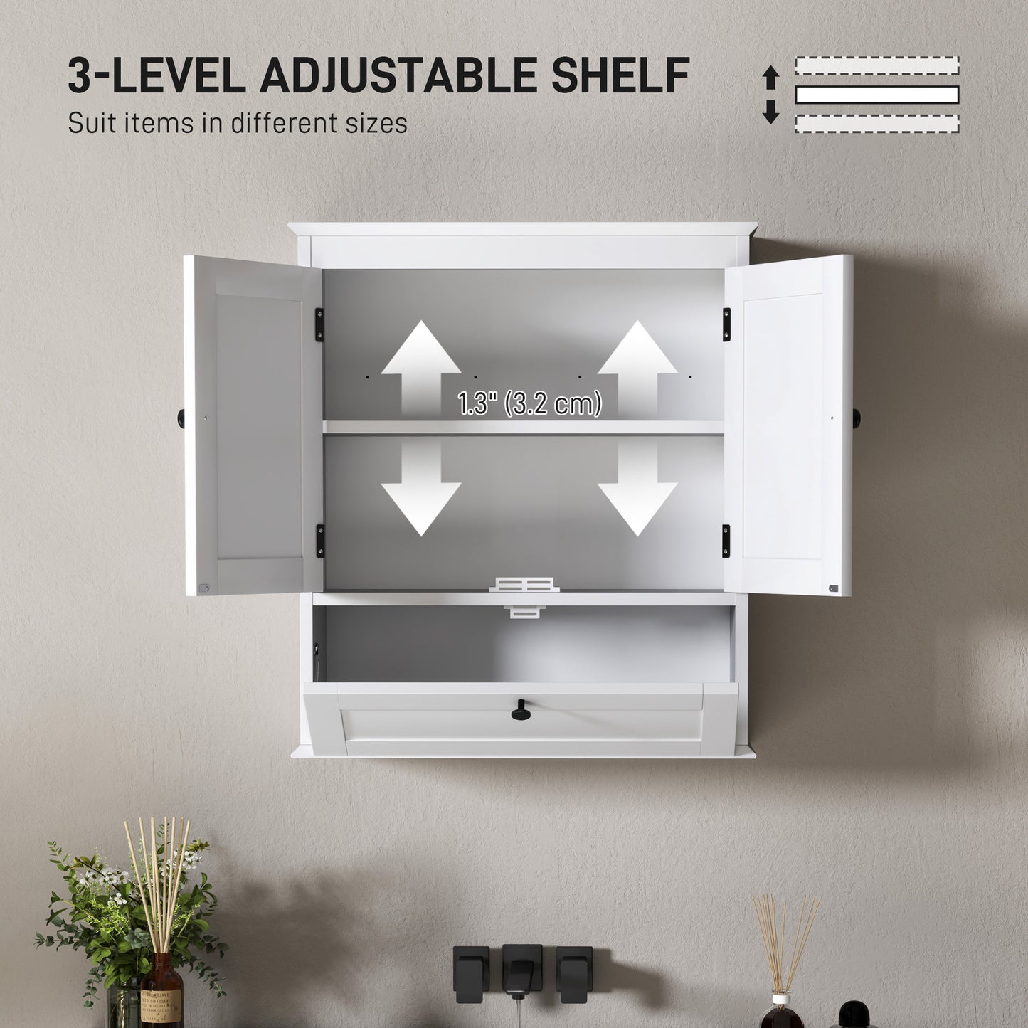 Bathroom Wall Cabinet with Adjustable Shelf and Recessed Doors, White