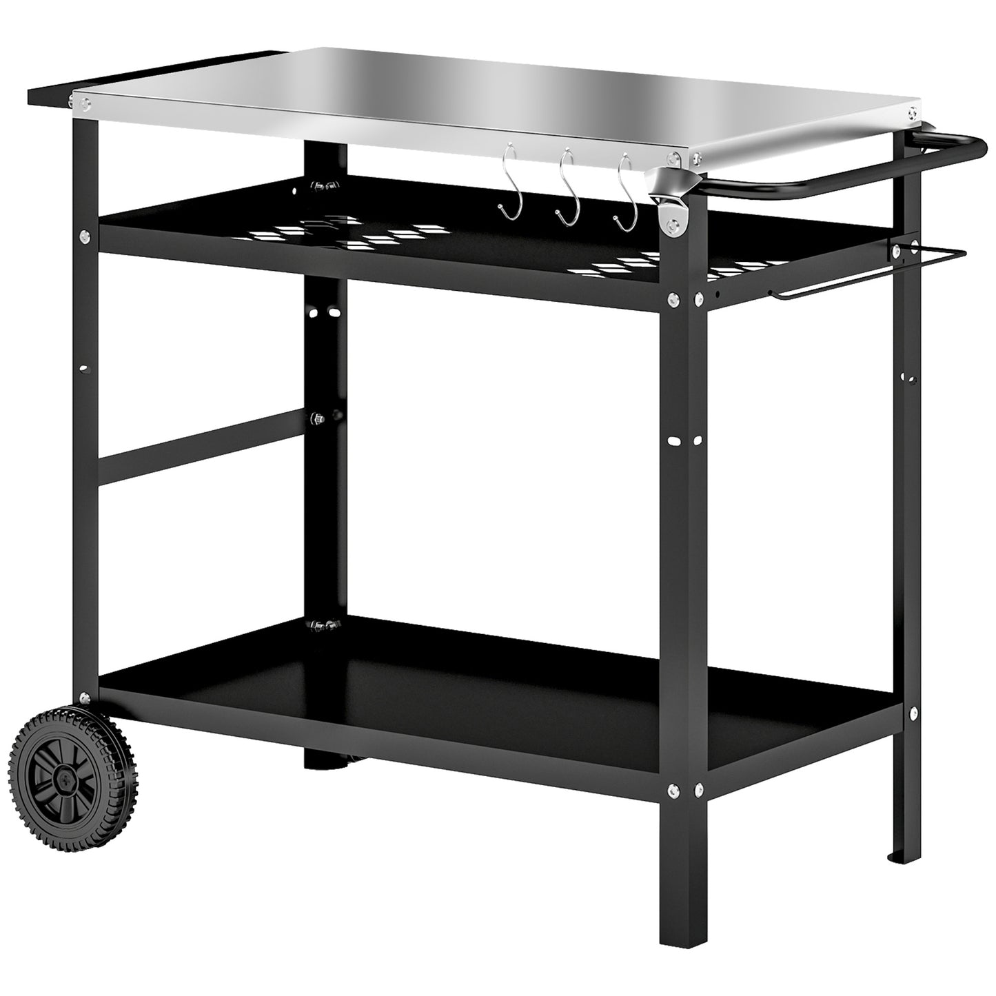 BBQ Trolley with Stainless Steel Top Adjustable Shelf, Outdoor Kitchen Barbecue Station with Hooks Seasoning Tray Towel Rack