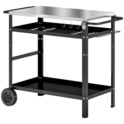BBQ Trolley with Stainless Steel Top Adjustable Shelf, Outdoor Kitchen Barbecue Station with Hooks Seasoning Tray Towel Rack