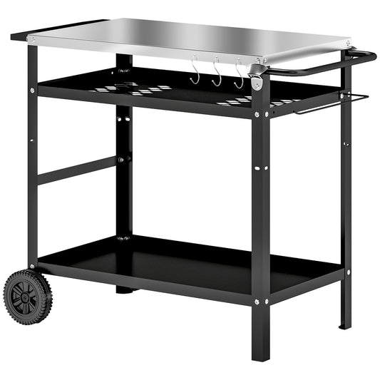 BBQ Trolley with Stainless Steel Top Adjustable Shelf, Outdoor Kitchen Barbecue Station with Hooks Seasoning Tray Towel Rack