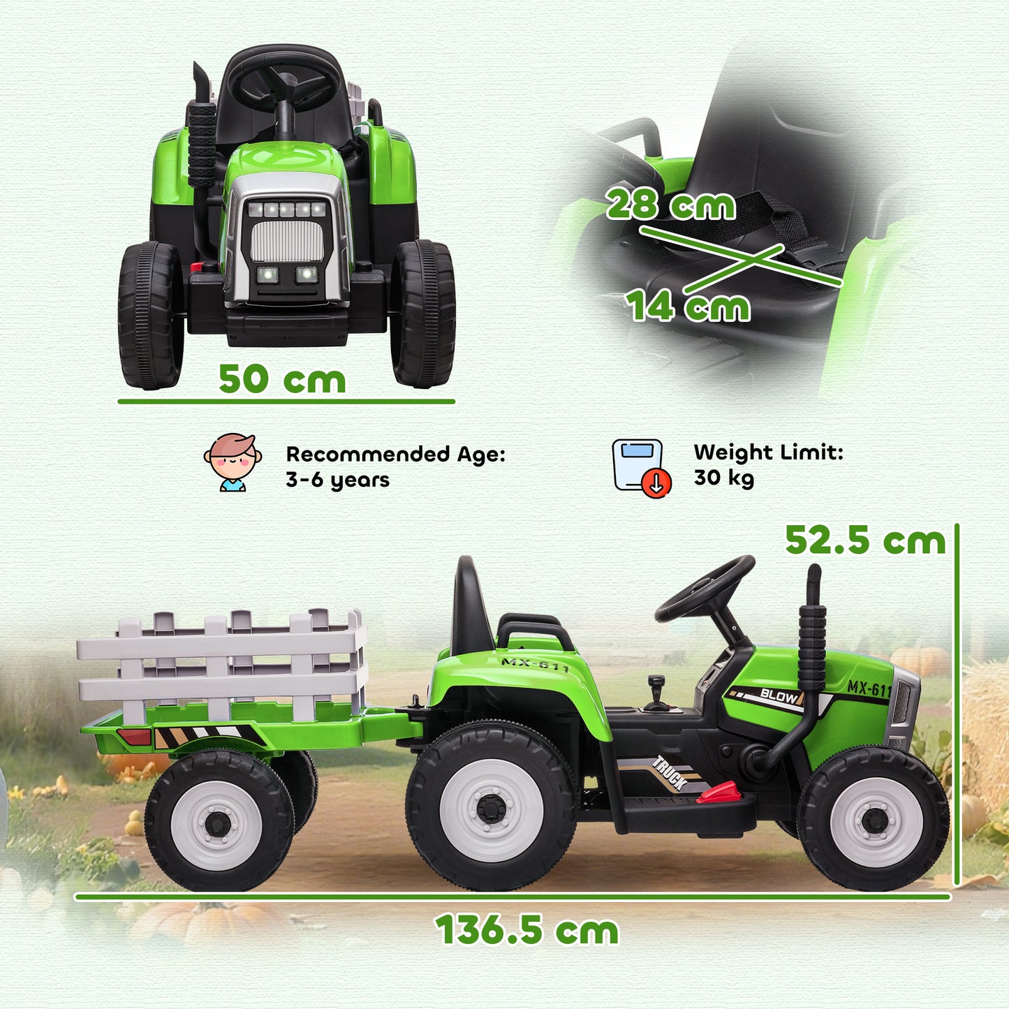 Ride On Tractor, Battery Powered Electric Car, with Detachable Trailer, Remote Control, Music - Green