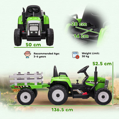 Ride On Tractor, Battery Powered Electric Car, with Detachable Trailer, Remote Control, Music - Green