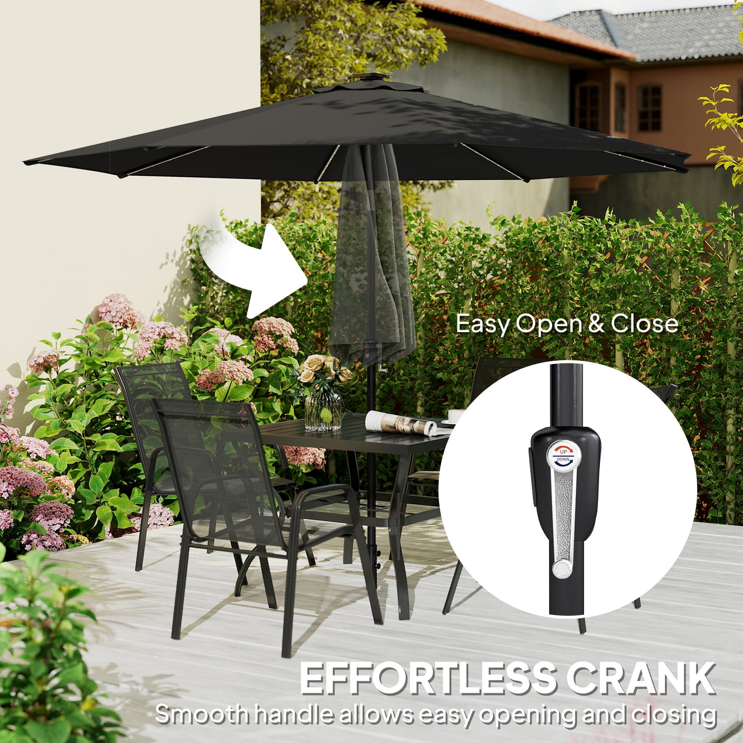 3 m Garden Parasol Umbrella with 112 Solar Powered LED Lights, Patio Umbrella with Crank Handle, Black