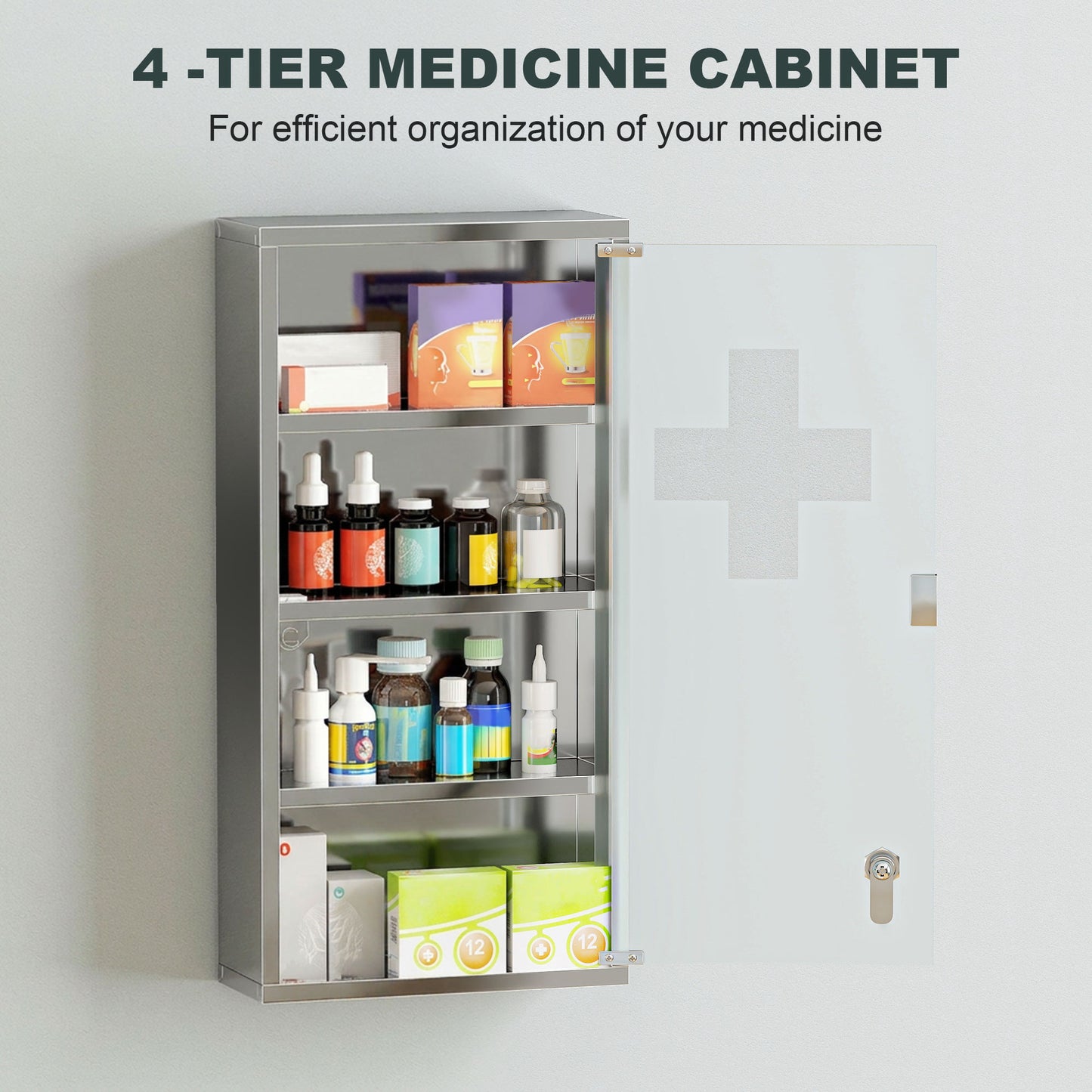 4 Tier Stainless Steel Wall Mounted Medicine Cabinet Glass Lockable Door Storage Shelves Houseware Bathroom Furniture 60Hx30W