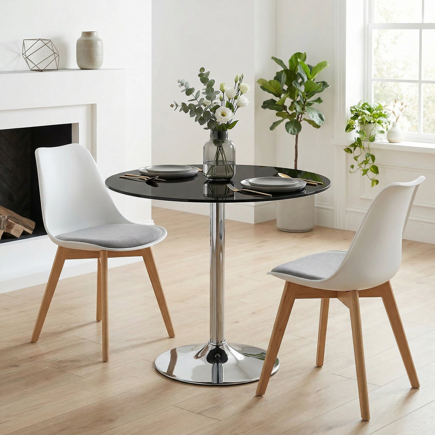 Round Bar Table, Modern Dining Table with Tempered Glass Top and Steel Frame for 4, 70 x 70 x 75.5cm, Black