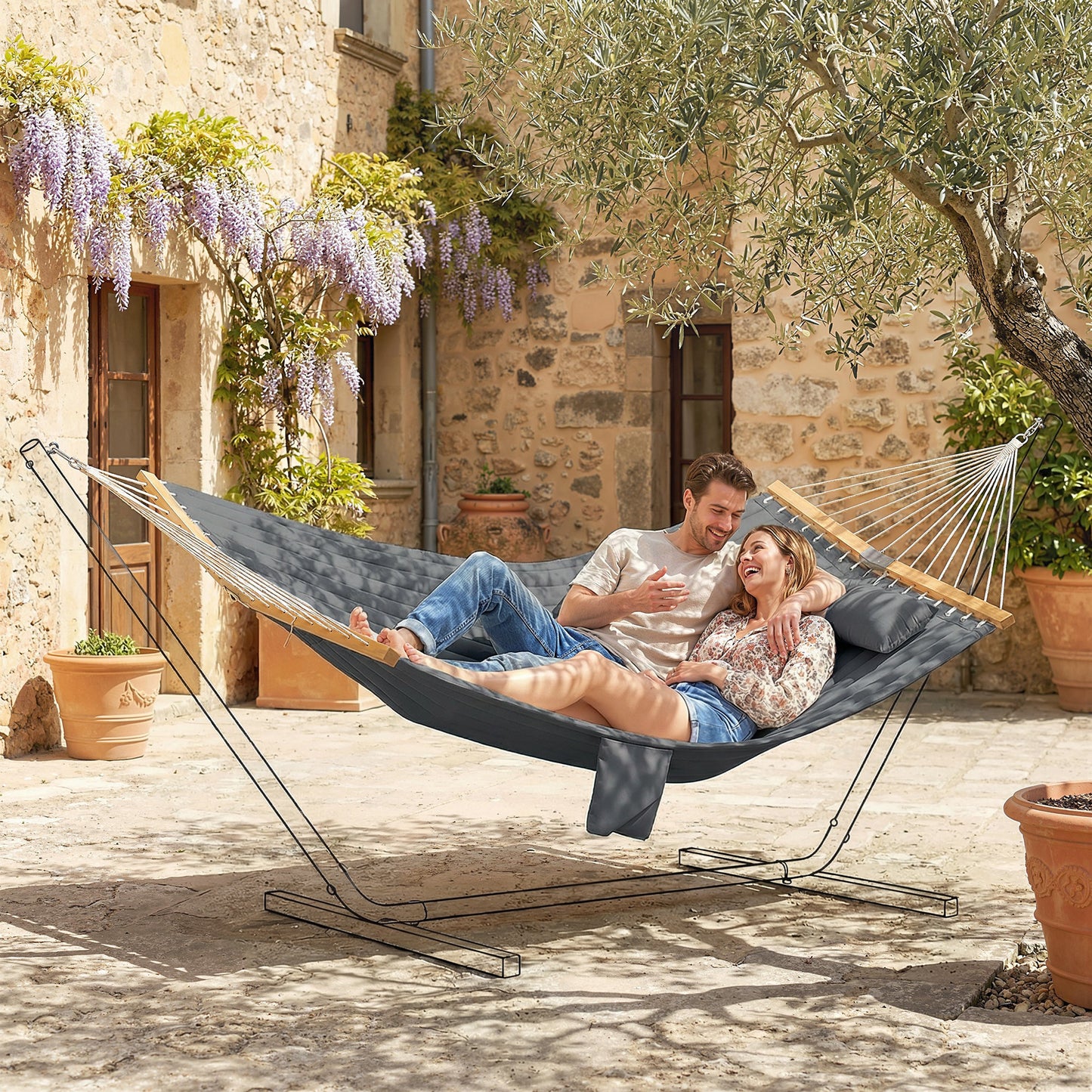 Double Hammock 2 Person Swing Bed with Spreader Bars, Pillows, Pad, 200 x 140cm, Grey