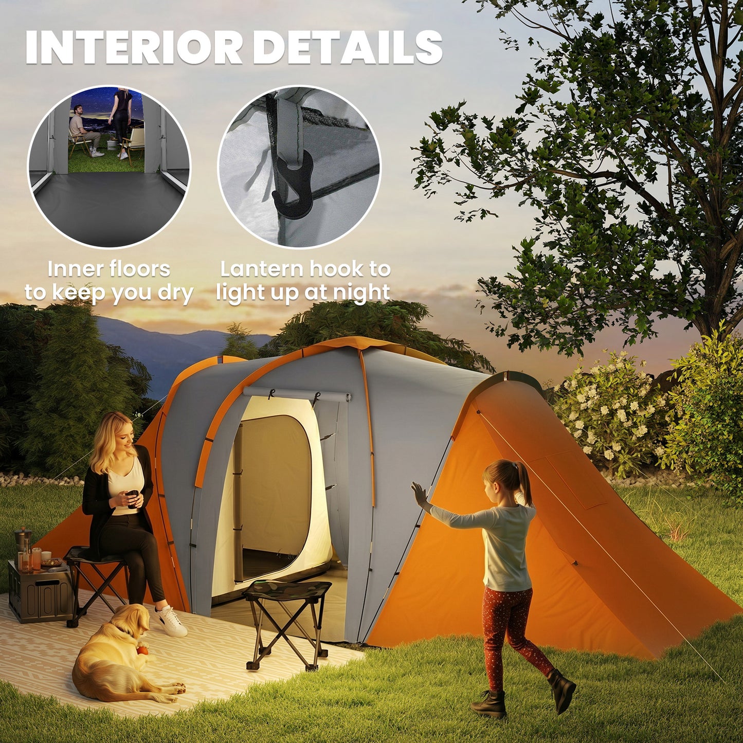 Large Camping Tent Tunnel Tent with 2 Bedroom and Living Area, 2000mm Waterproof, Portable with Bag for 4 Man, Orange