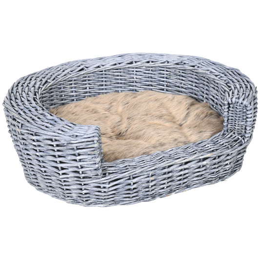 Wicker Pet Bed Willow Dog Cat Sofa Puppy Basket with Cushion Grey 57L x 46W x 17.5H cm