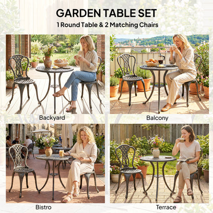 Outdoor Bistro Set for 2 Cast Aluminium Patio Furniture with Round Table Umbrella Hole Brown