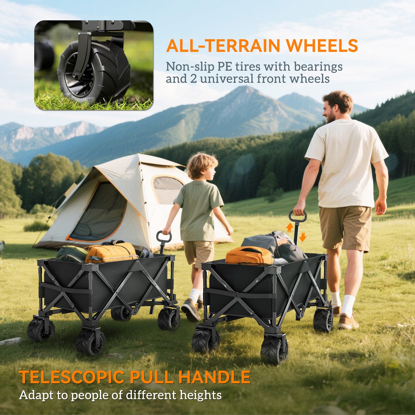 Outdoor Folding Garden Trolley on Wheels, Capming Cargo Wagon Cart Trailer w/ Handle, Wheels for Beach Garden, Black
