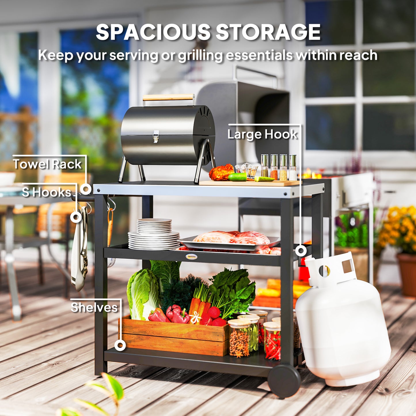 Outdoor Grill Dining Cart 3-Shelf Movable Pizza Oven Table Stand with Stainless Steel Top