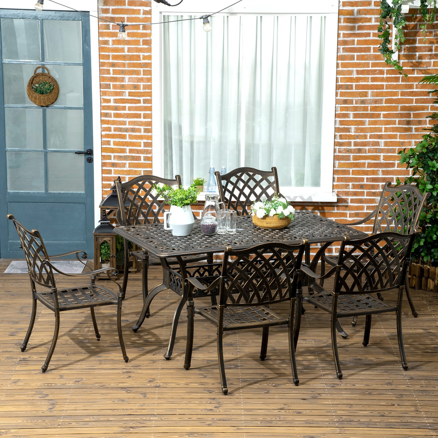 7 PCs Garden Patio Dining Set with Parasol Hole, Cast Aluminium Outdoor Furniture Set with Six Cushioned Chairs and Rectangle