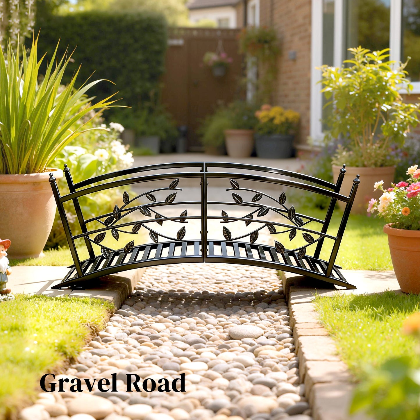 1.2M Metal Garden Bridge with Safety Railings, Outdoor Pond Bridge, Arch Decorative Footbridge for Creek Stream