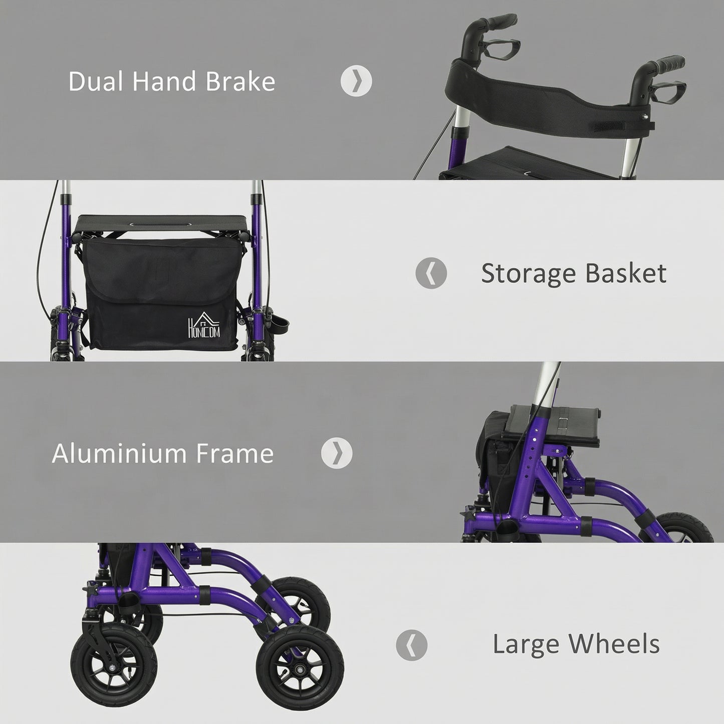 Folding Adjustable Rollator with Dual Brakes & 6 Adjustable Handle Heights for Seniors Purple