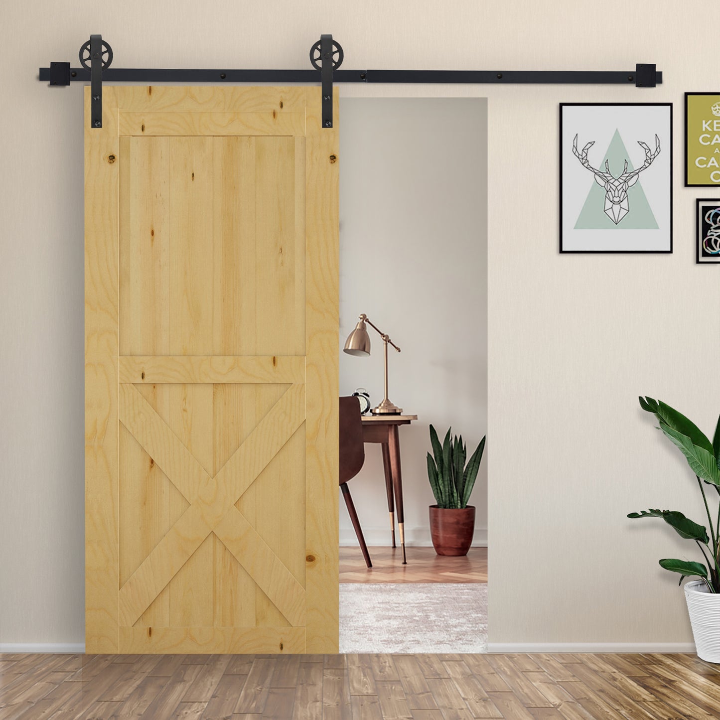 6.6 FT/ 2000mm Carbon Steel Sliding Barn Door Kits Hardware Closet Set Track System for Single Wooden Door Industrial Wheel S