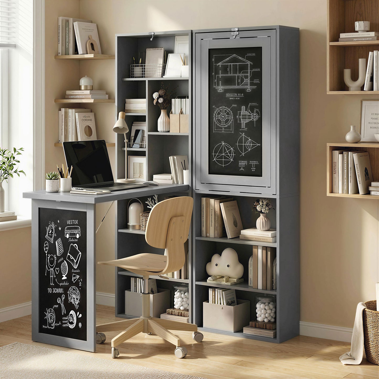 Folding Convertible Desk with Blackboard Multi-function Computer Office Workstation Side Shelf, Grey