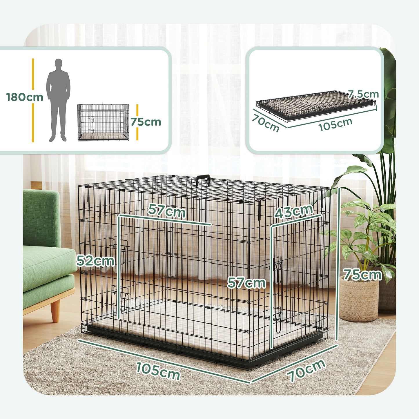 Foldable Dog Crate with 2 Doors with Tray, Soft Cushion, for Extra and Large Dogs, 106 x 71.5 x 76 cm, Black
