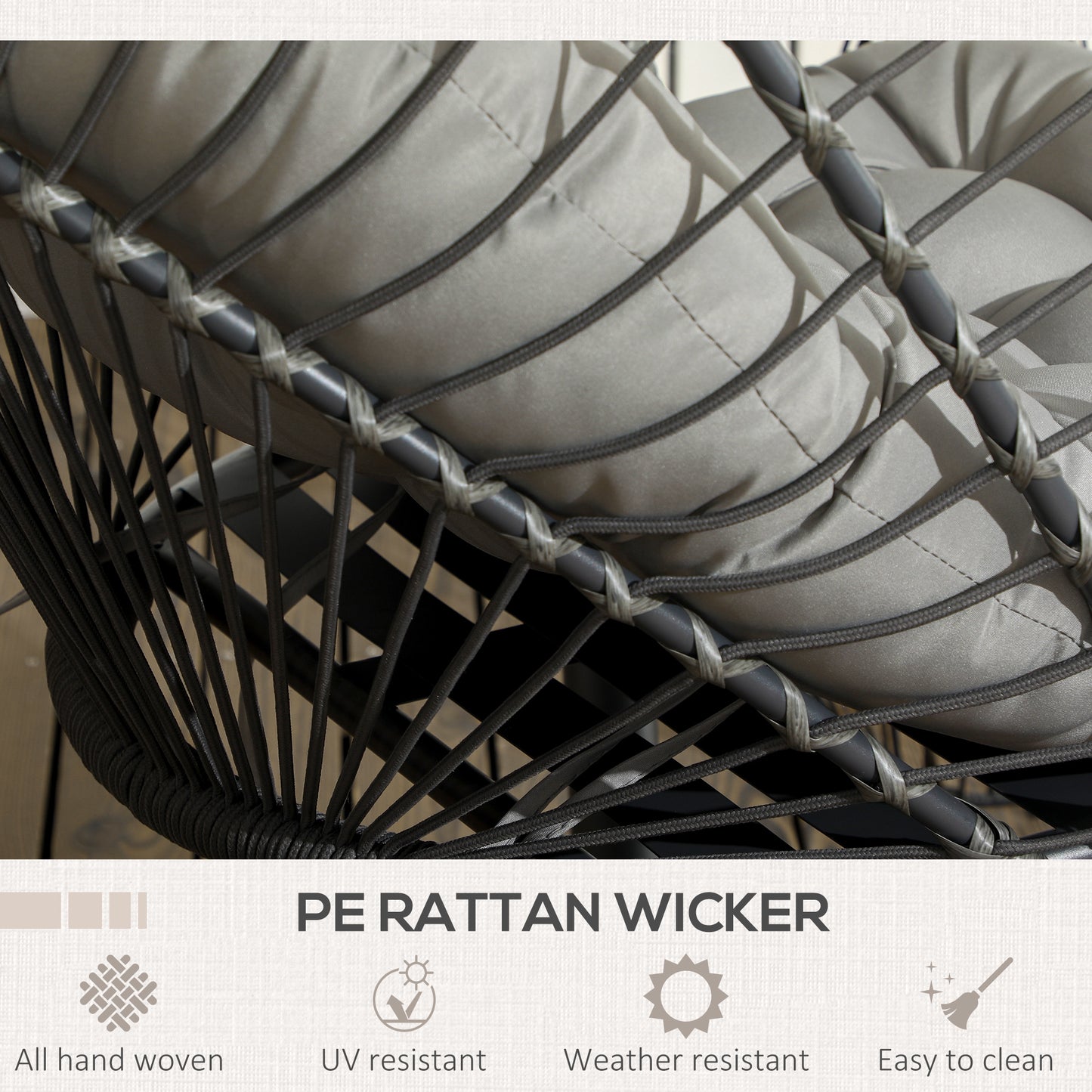 Outdoor PE Rattan Swing Chair with Foldable Basket and Cushion, Garden Patio Hanging Egg Chair with Metal Stand