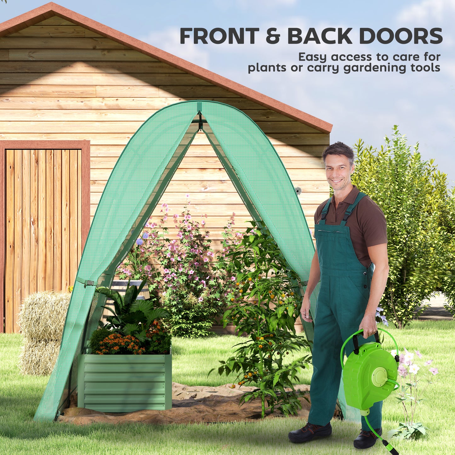 Polytunnel Greenhouse with Sandbags, Walk-In Tunnel Green House with 2 Doors and Screen Windows, 1.8 x 1.8 x 2m, Green