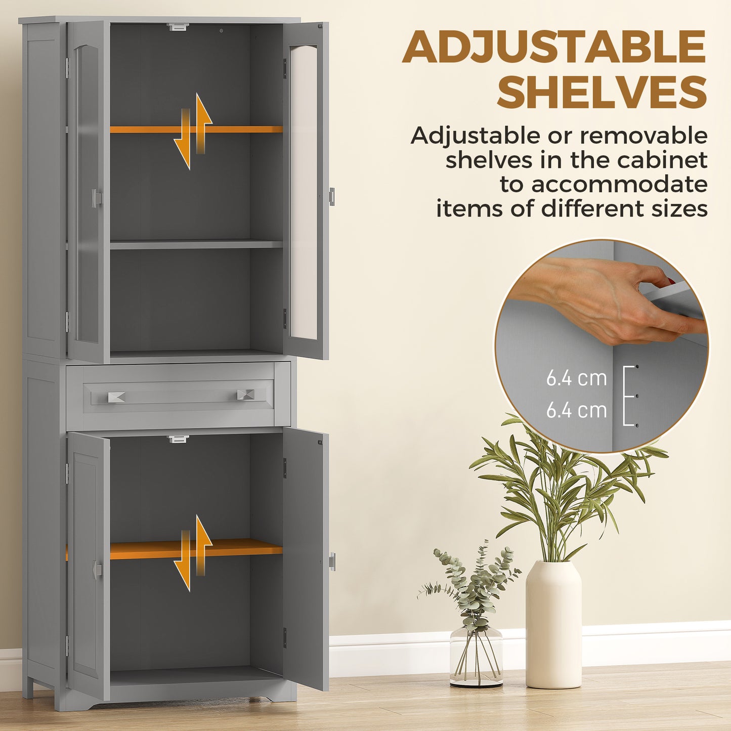 Freestanding Kitchen Cupboard, Storage Cabinet with 2 Adjustable Shelves, Drawer and Glass Door for Living Room, Grey