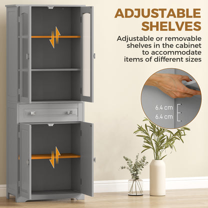 Freestanding Kitchen Cupboard, Storage Cabinet with 2 Adjustable Shelves, Drawer and Glass Door for Living Room, Grey