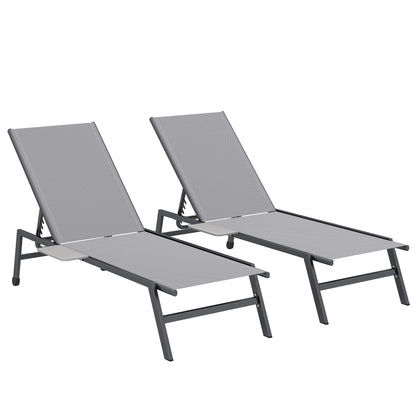 Sun Loungers Set of 2 with Side Tray Table, Garden Recliners with 5-Position Adjustable Backrest, 2 Wheels, Grey