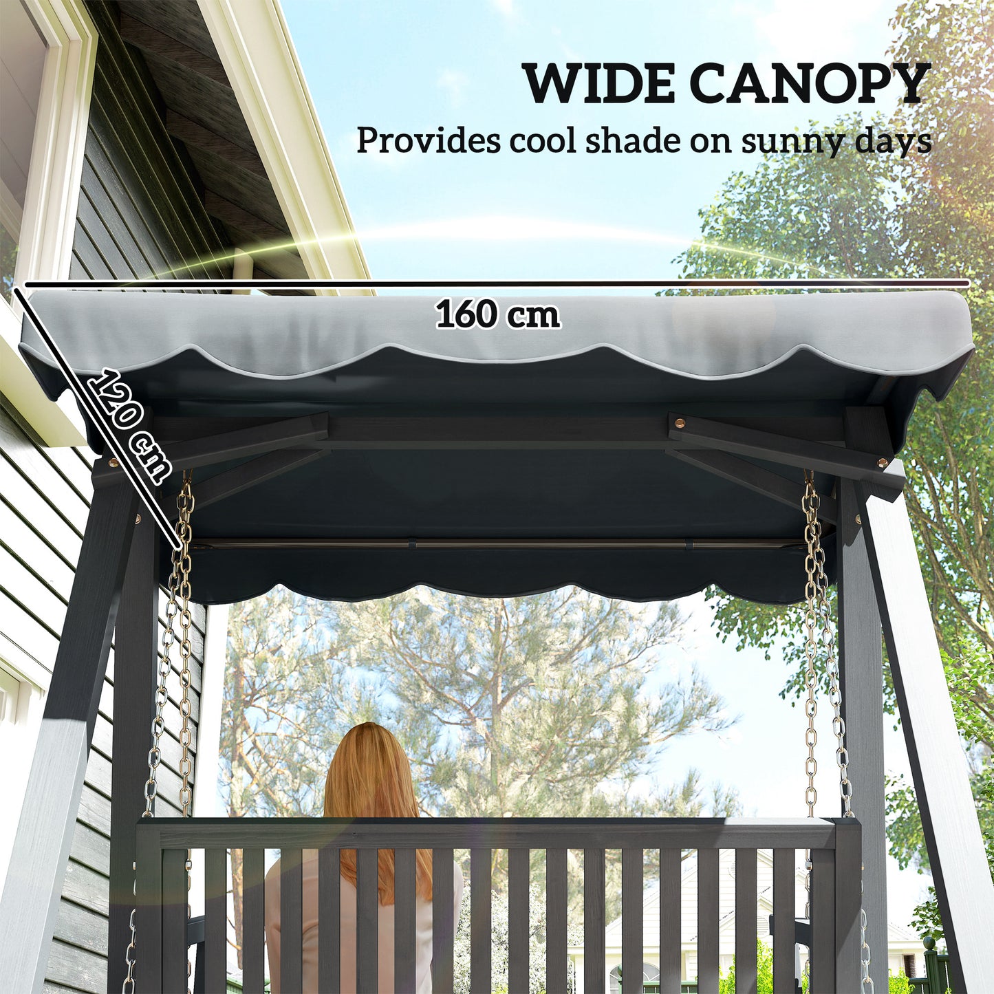 2 Seater Garden Swing Seat with Canopy, Wooden Swing Chair, Outdoor Hammock Bench for Balcony Patio Porch, Grey