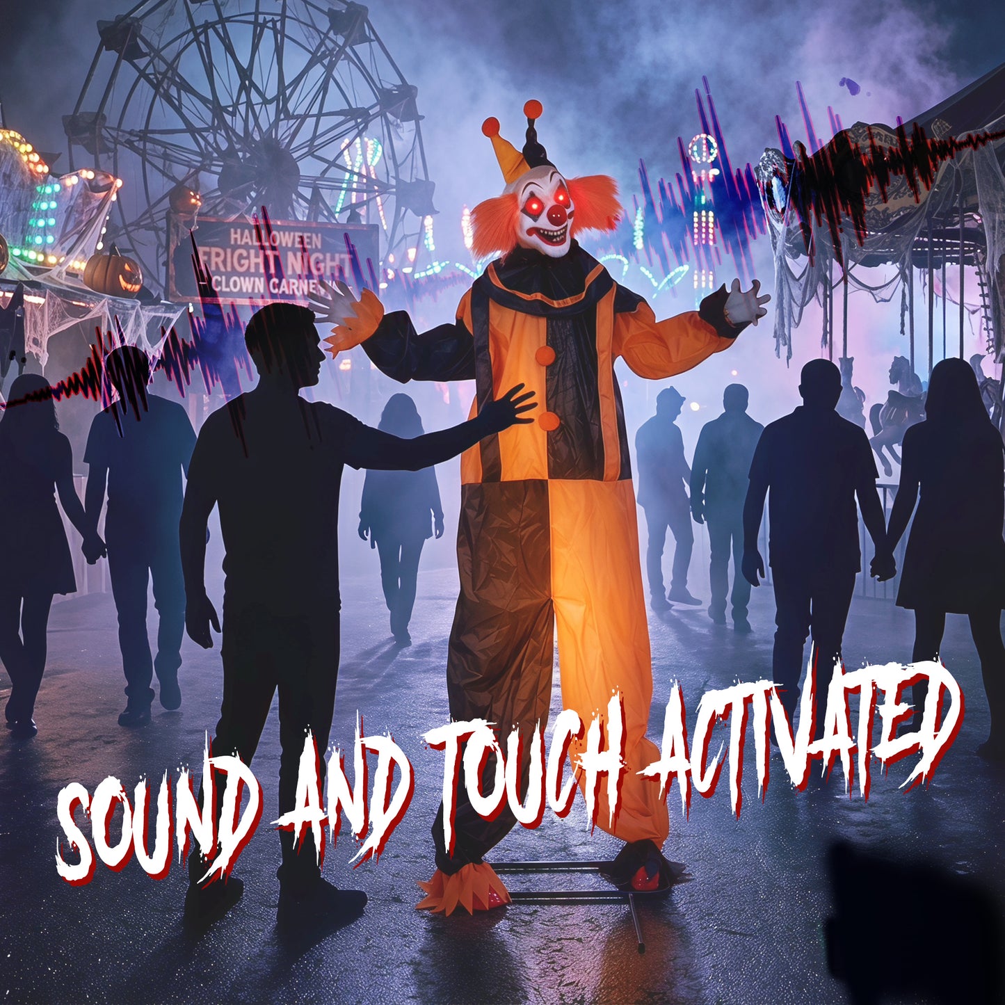190cm Life Size Animated Clown Halloween Decoration, Scary Halloween Animatronics Decor with Sound Touch Activated