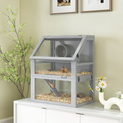 Wooden Hamster Cage with Detachable 32cm Deep Bottom, Hut, Seesaw, Exercise Wheel, Ramp, 60 x 40 x 75cm, Light Grey