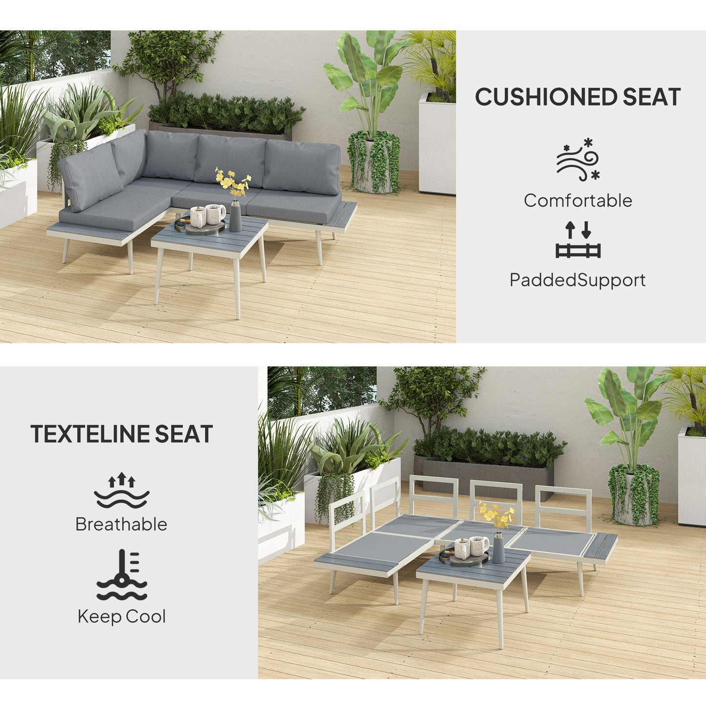 3 Piece Garden Furniture Set with 5-Level Adjustable Lounger, L Shaped Garden Corner Sofa with Cushions, Mesh Seat