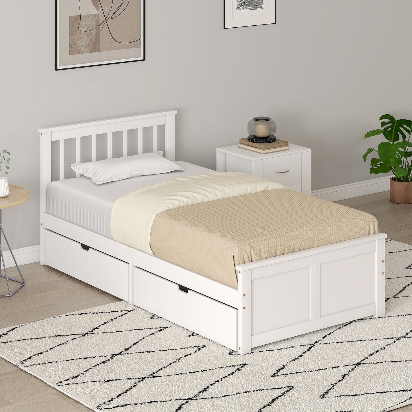 Wooden Single Bed Frame, with Drawers - White