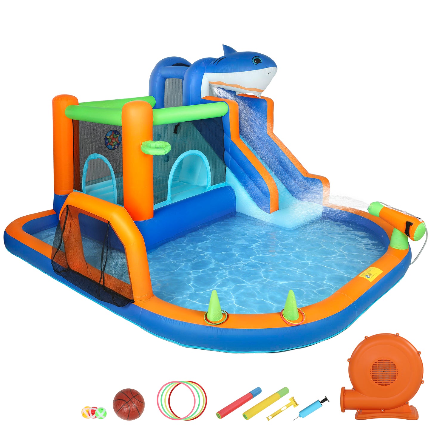 Inflatable Bouncy Castle for Kids, Sharks Theme Jumping Bounce House with Slide, Climbing Wall for Indoor Outdoor
