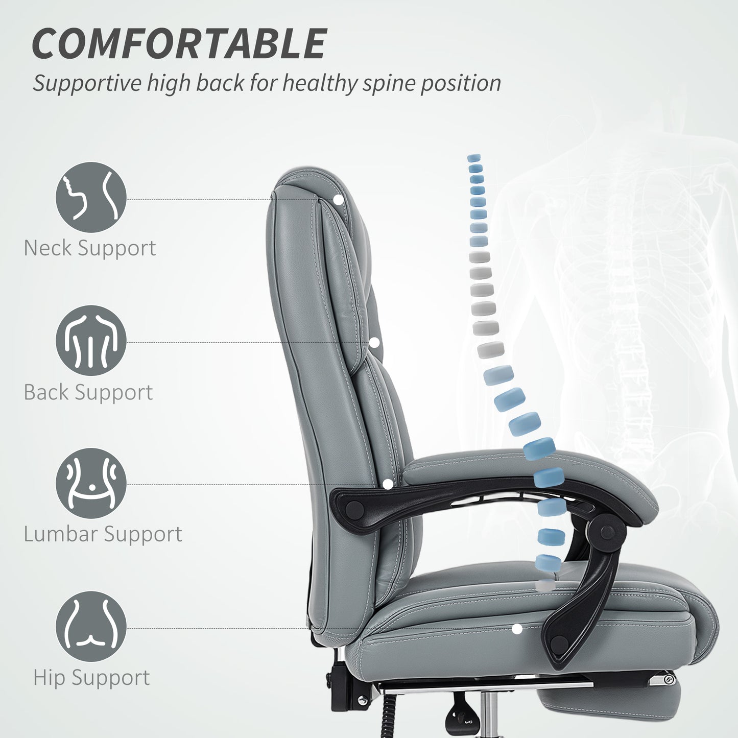 Faux Leather Reclining Office Chair, with Footrest - Grey