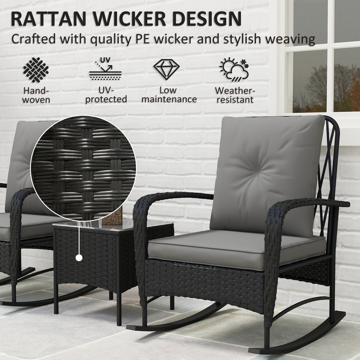 Three-Piece Rocking Chair Rattan Bistro Set - Black