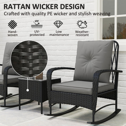 Three-Piece Rocking Chair Rattan Bistro Set - Black