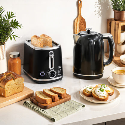 Polished Retro 40-100°C Kettle and Toaster Set - Black