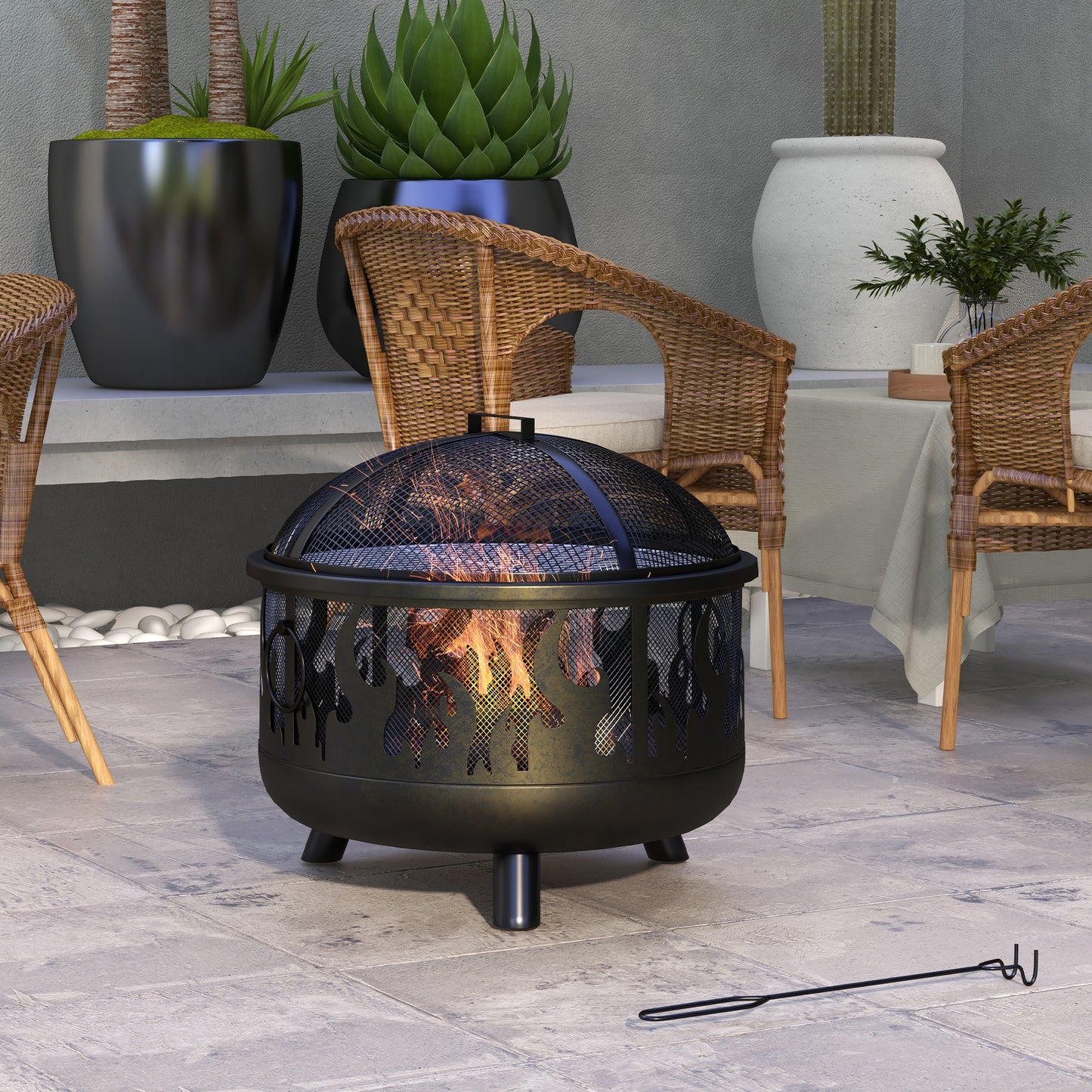 Steel Fire Pit BBQ, with Poker - Black