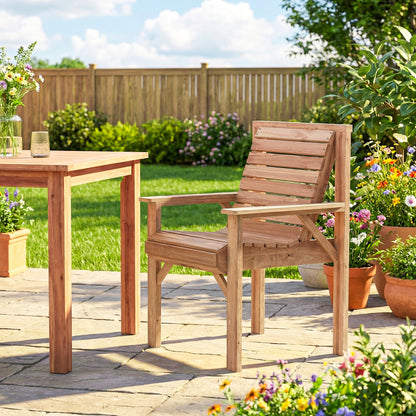 Wooden Garden Dining Chair, Outdoor Chair Garden Armchair with Curved Seat and Wide Armrests, Natural Wood Finish