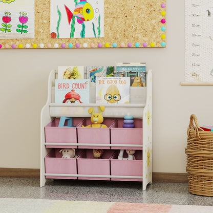 Kids Storage Unit, Toy Organiser with 6 Fabric Drawers and 2-Tier Sling Book Rack for Bedroom, Playroom, Nursery, Pink