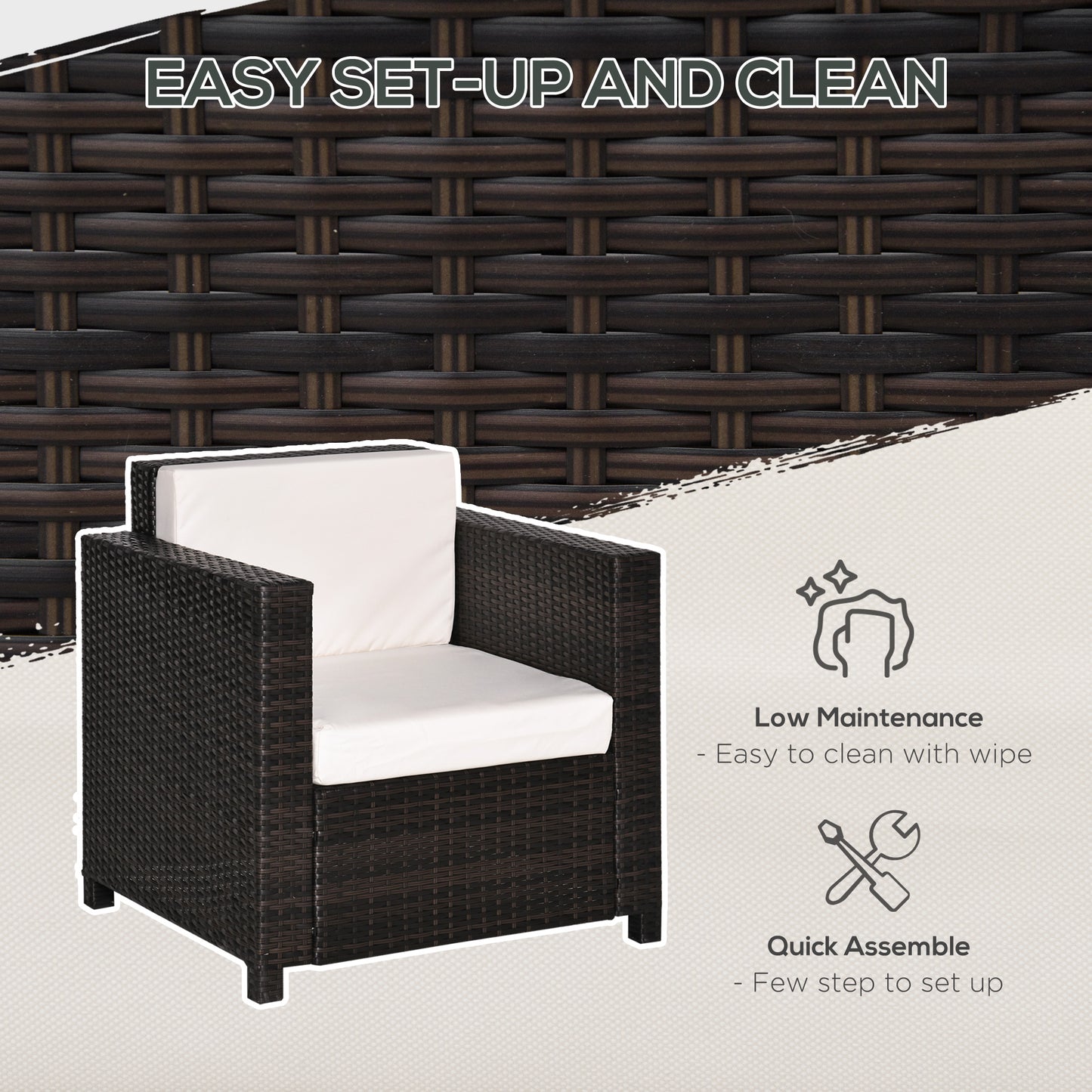 Single Seater Rattan Chair, PE Wicker Garden Armchair with 10 cm Thickened Cushion