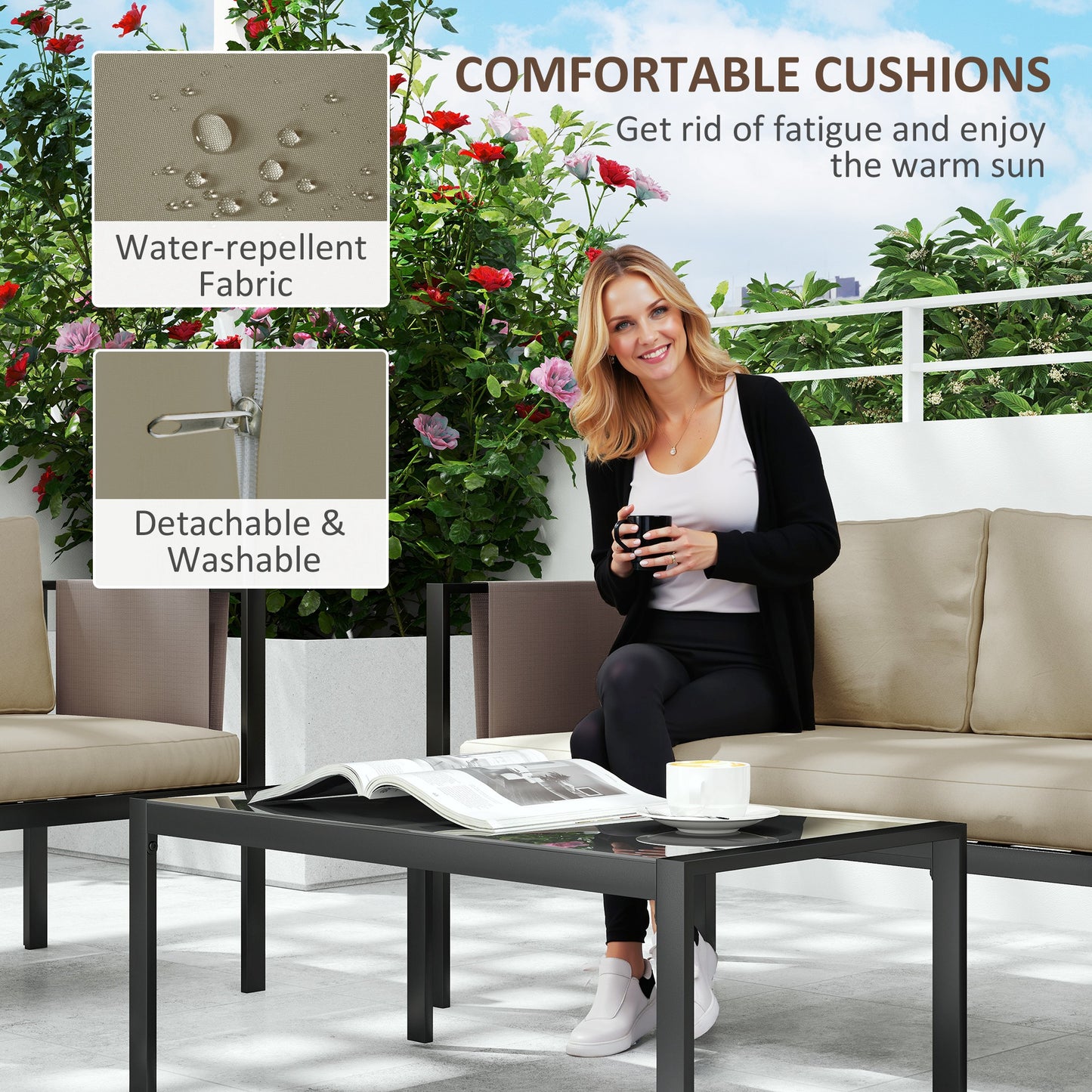 4 Piece Metal Garden Furniture Set with Tempered Glass Coffee Table, Texteline Pocket