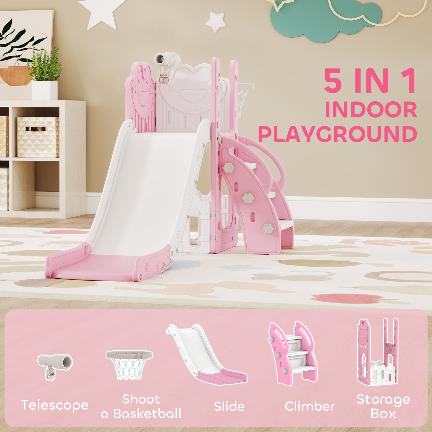 5 in 1 Kids Slide Set with Basketball Hoop, Climbing Frame, Telescope, Storage Box for Toddlers Ages 1-3, Pink