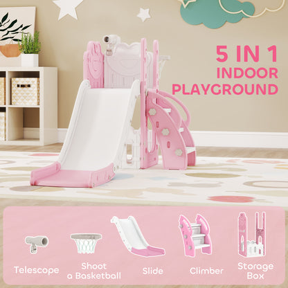 5 in 1 Kids Slide Set with Basketball Hoop, Climbing Frame, Telescope, Storage Box for Toddlers Ages 1-3, Pink