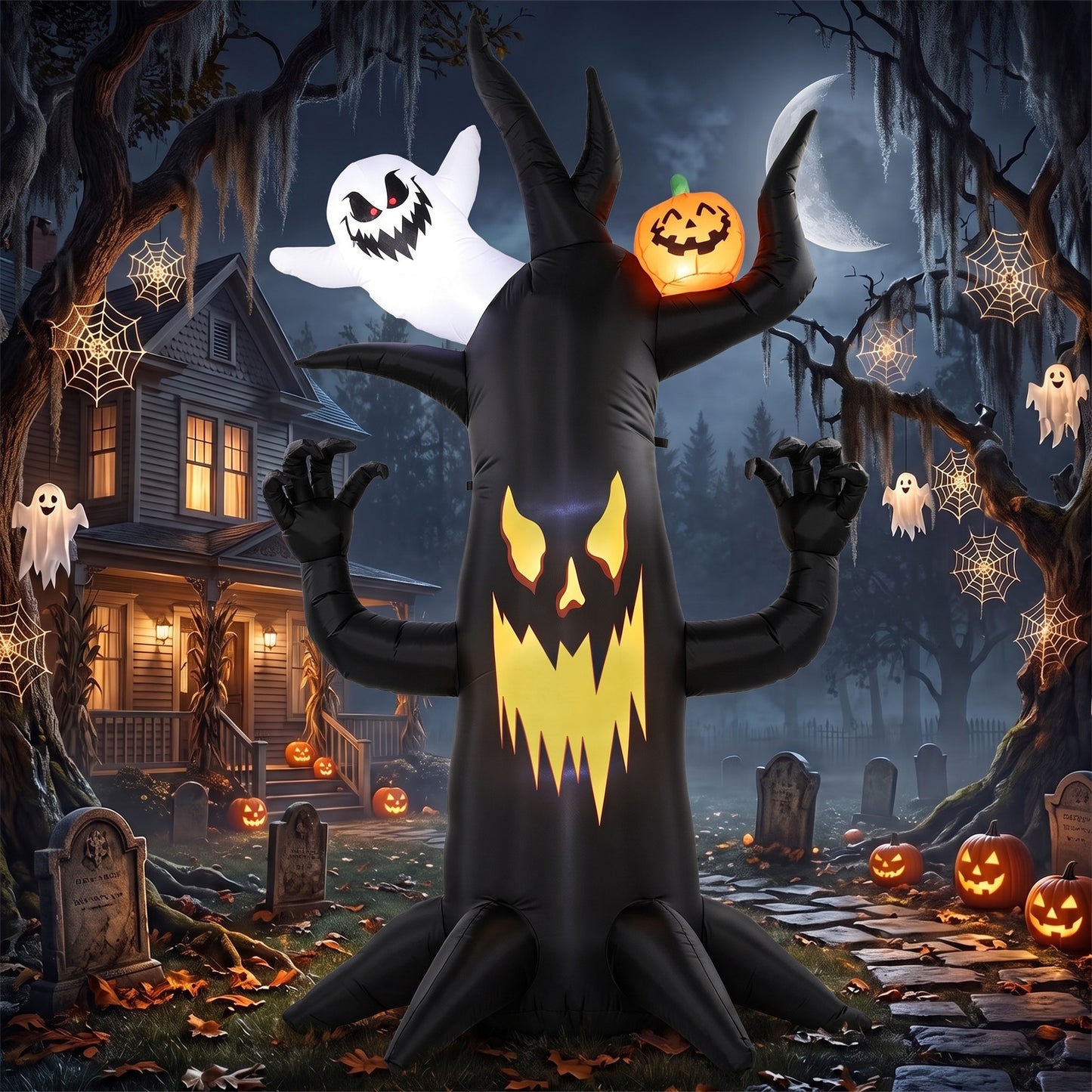 8 FT Halloween Inflatable Spooky Tree, Blow Up Decoration with Ghost and Pumpkin for Garden Indoor Outdoor Decor